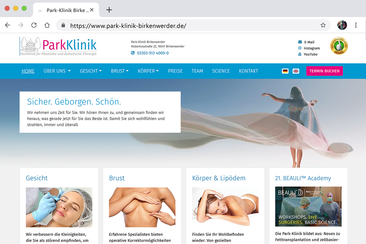 Screen: Startseite der Park-Klinik Birkenwerder